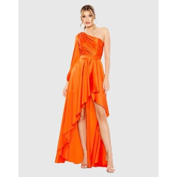 Mac Duggal Dresses & Skirts - Mac Duggal Size 8 Orange One-Shoulder Satin High Low Prom Cocktail Gown Dress